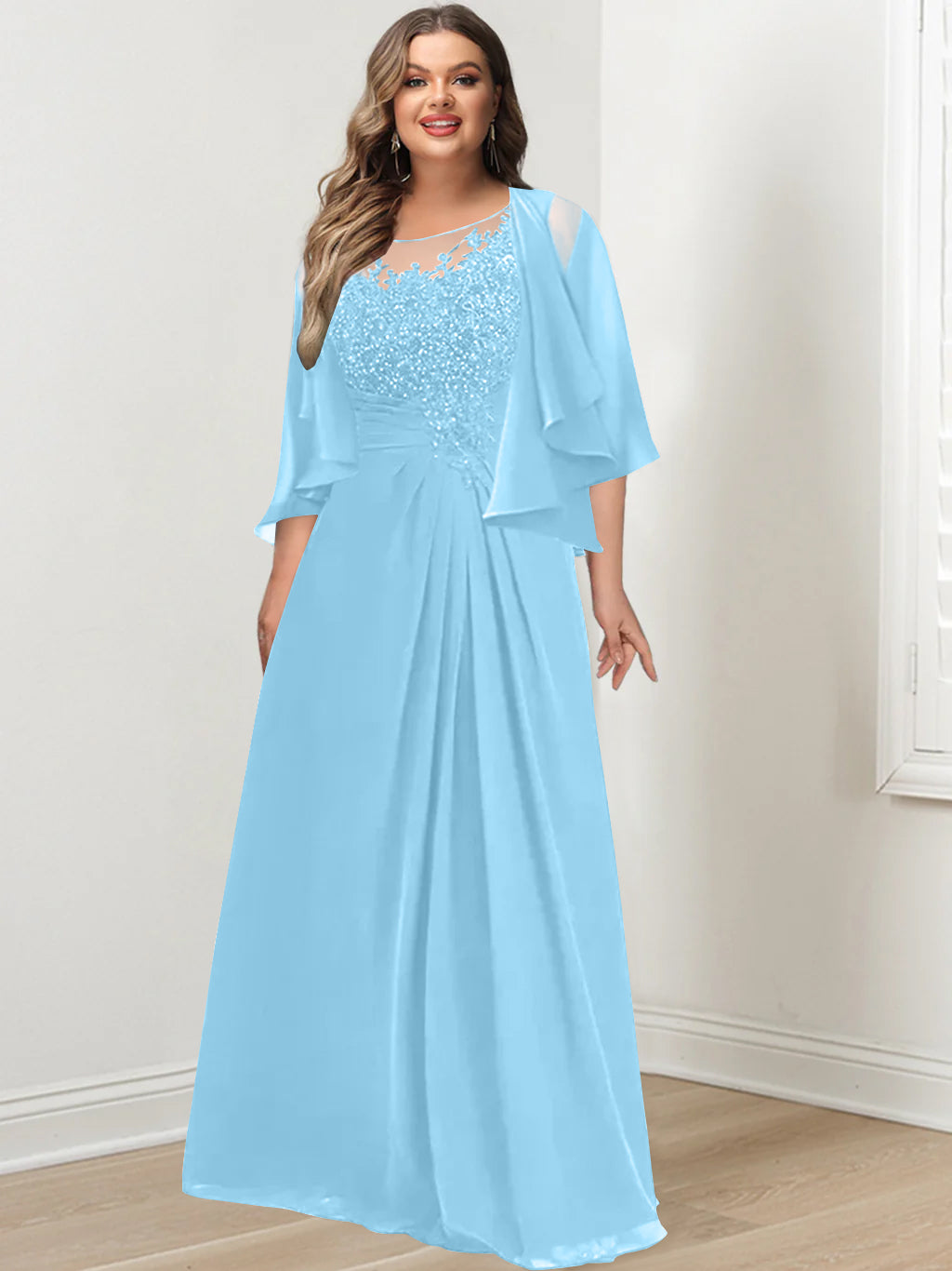 A-Line/Princess Scoop Floor-Length Plus Size Mother of the Bride Dresses with Pleated & Sequins