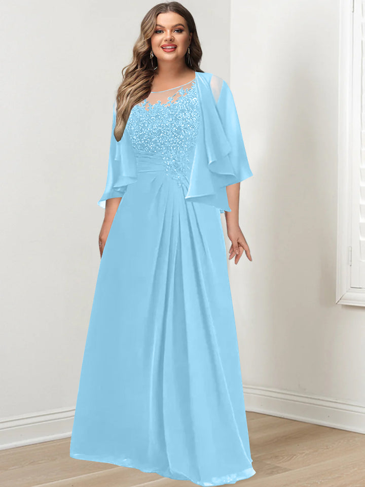 A-Line/Princess Scoop Floor-Length Plus Size Mother of the Bride Dresses with Pleated & Sequins