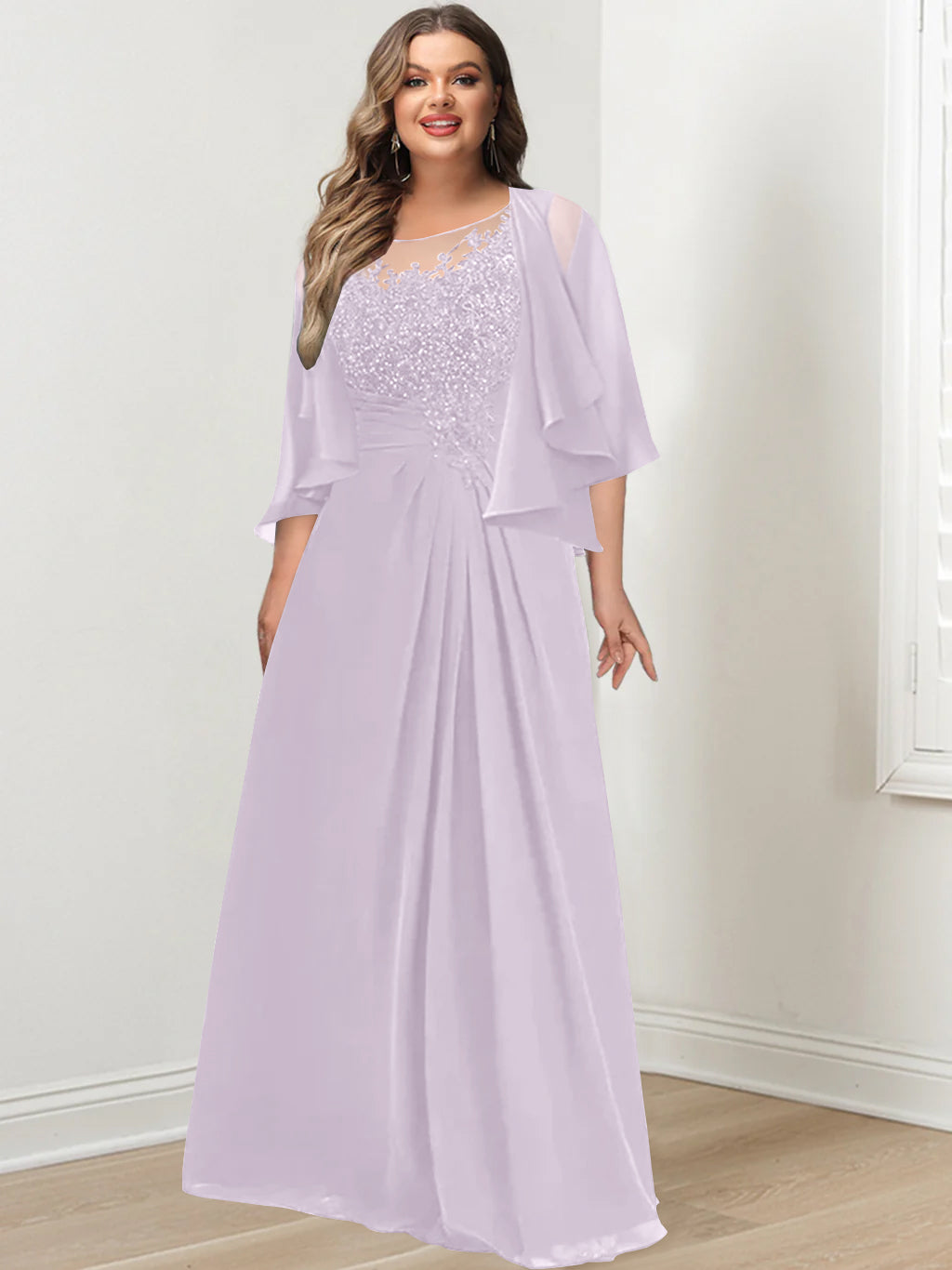 A-Line/Princess Scoop Floor-Length Plus Size Mother of the Bride Dresses with Pleated & Sequins
