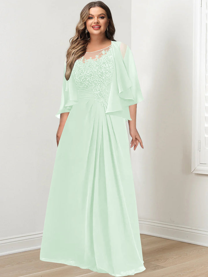 A-Line/Princess Scoop Floor-Length Plus Size Mother of the Bride Dresses with Pleated & Sequins