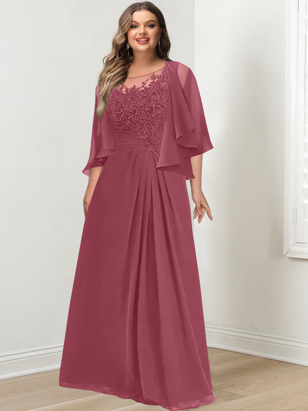 A-Line/Princess Scoop Floor-Length Plus Size Mother of the Bride Dresses with Pleated & Sequins