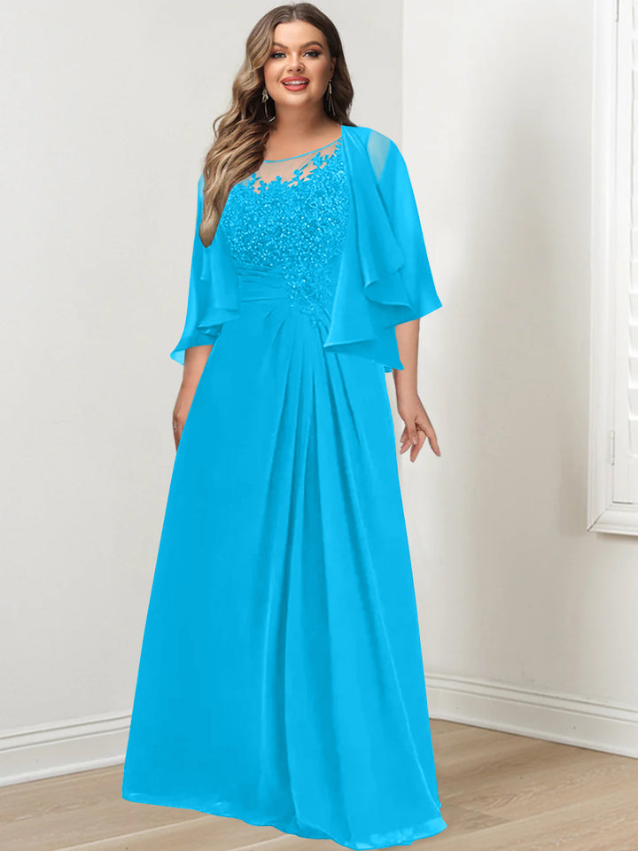 A-Line/Princess Scoop Floor-Length Plus Size Mother of the Bride Dresses with Pleated & Sequins