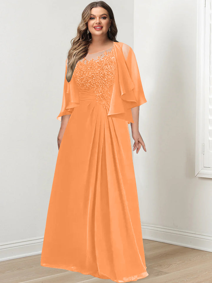 A-Line/Princess Scoop Floor-Length Plus Size Mother of the Bride Dresses with Pleated & Sequins