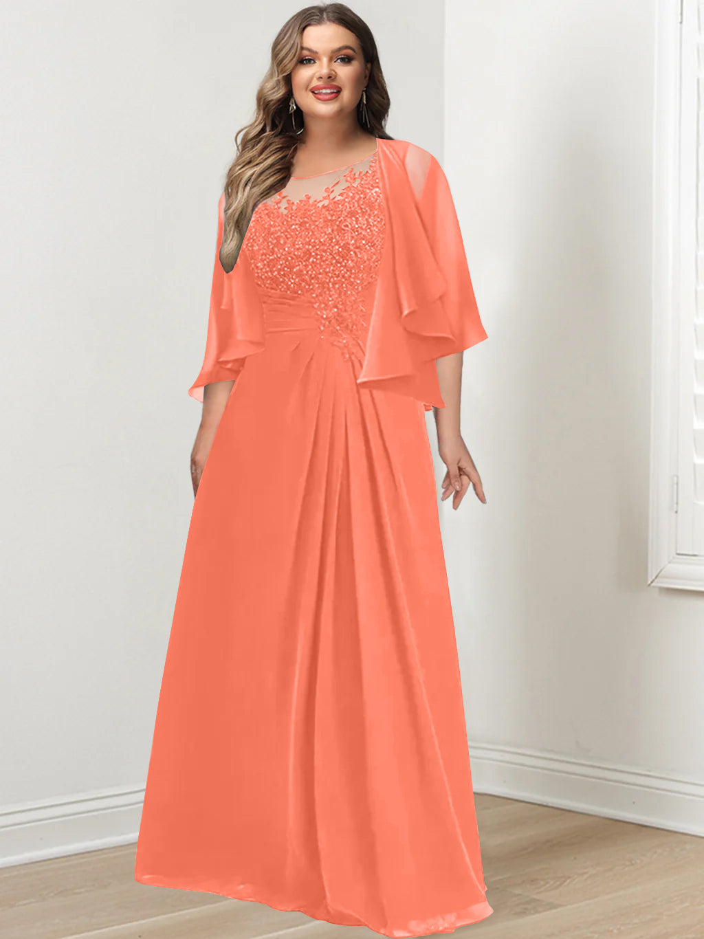 A-Line/Princess Scoop Floor-Length Plus Size Mother of the Bride Dresses with Pleated & Sequins