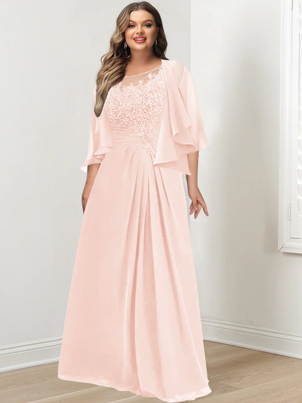A-Line/Princess Scoop Floor-Length Plus Size Mother of the Bride Dresses with Pleated & Sequins
