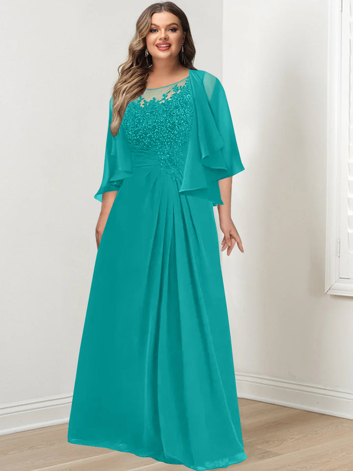 A-Line/Princess Scoop Floor-Length Plus Size Mother of the Bride Dresses with Pleated & Sequins