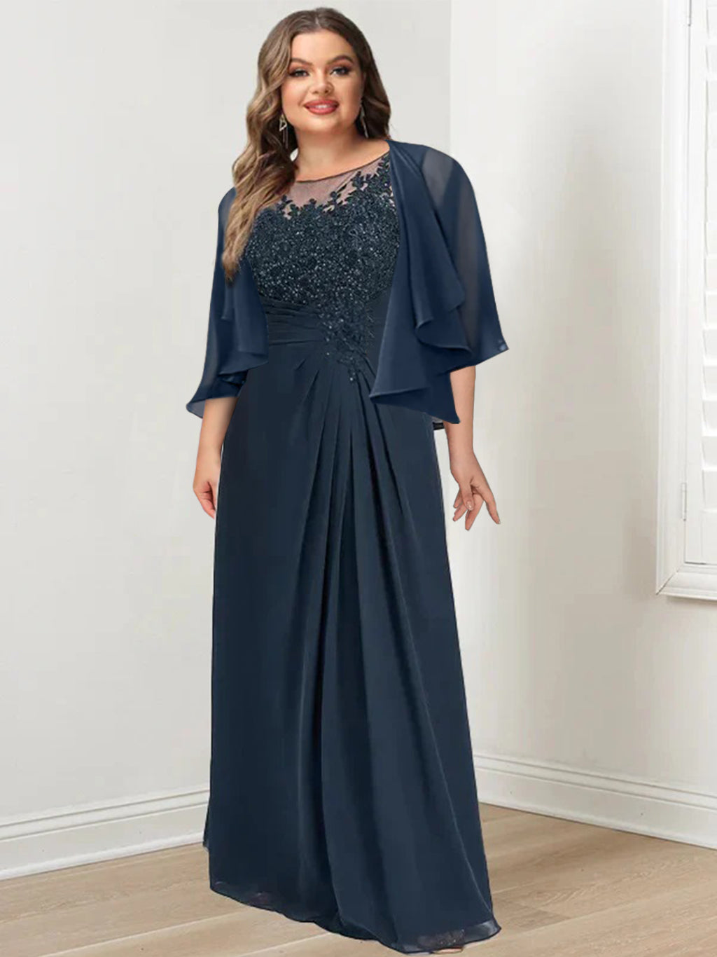 A-Line/Princess Scoop Floor-Length Plus Size Mother of the Bride Dresses with Pleated & Sequins