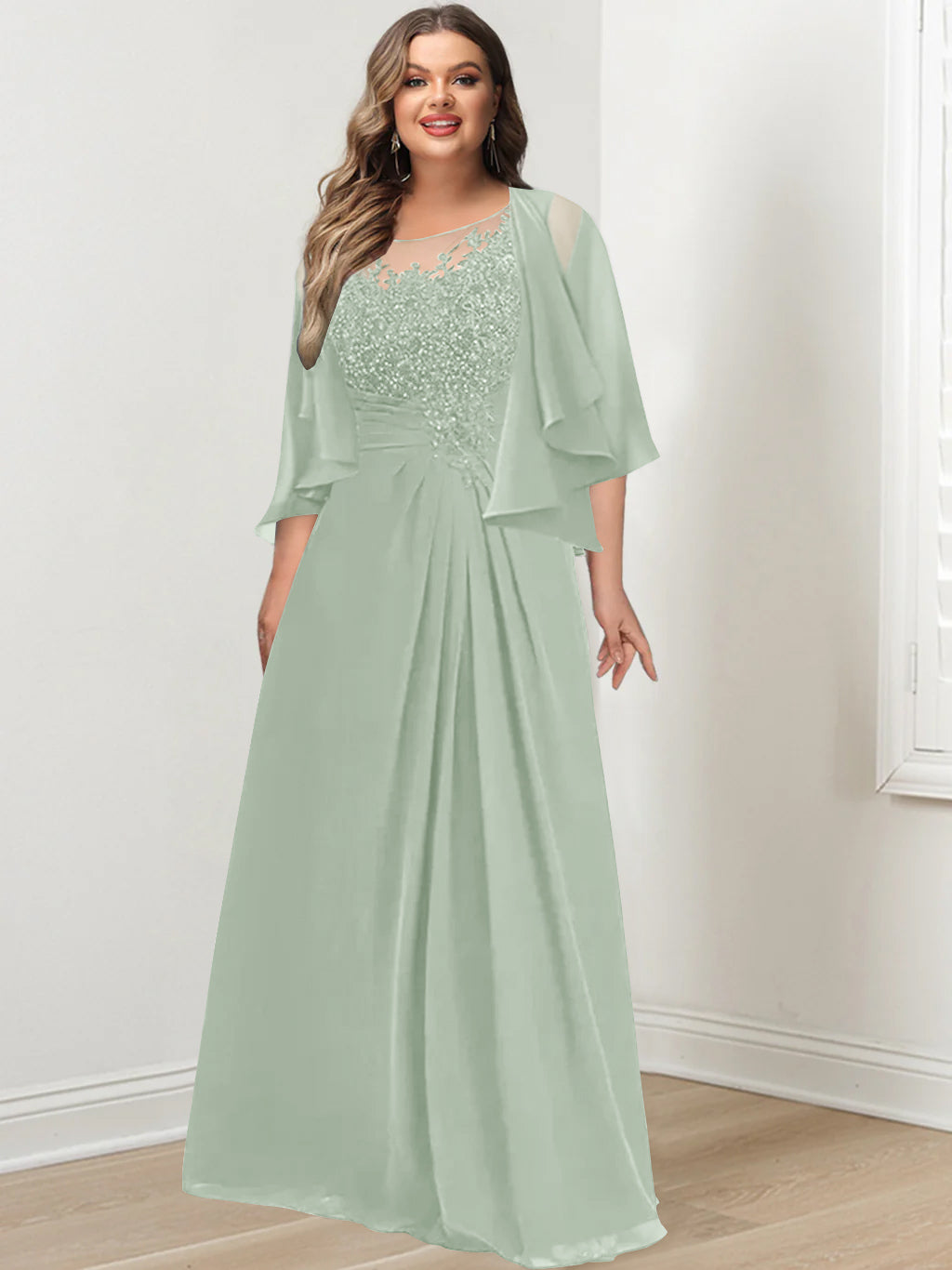 A-Line/Princess Scoop Floor-Length Plus Size Mother of the Bride Dresses with Pleated & Sequins