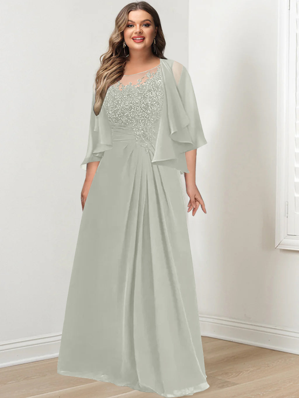 A-Line/Princess Scoop Floor-Length Plus Size Mother of the Bride Dresses with Pleated & Sequins
