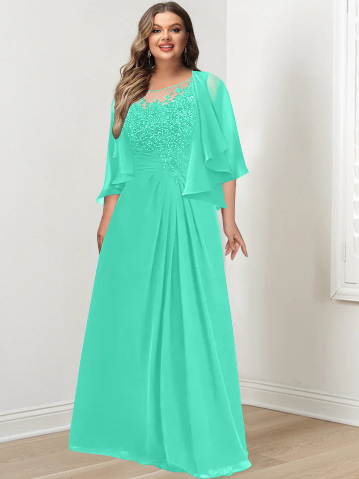A-Line/Princess Scoop Floor-Length Plus Size Mother of the Bride Dresses with Pleated & Sequins