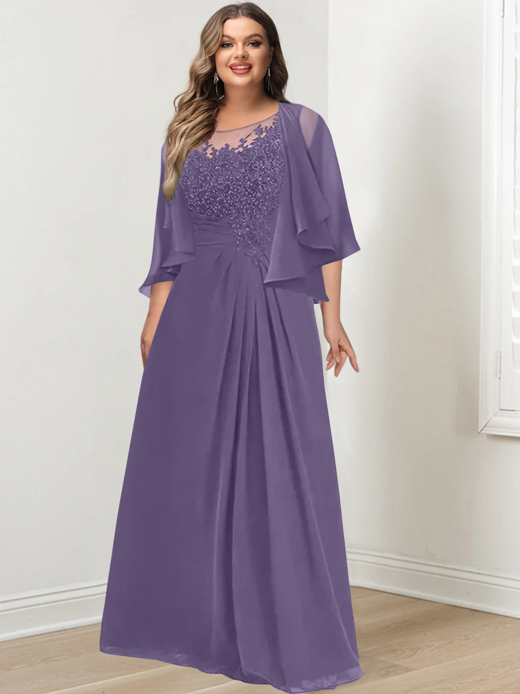 A-Line/Princess Scoop Floor-Length Plus Size Mother of the Bride Dresses with Pleated & Sequins