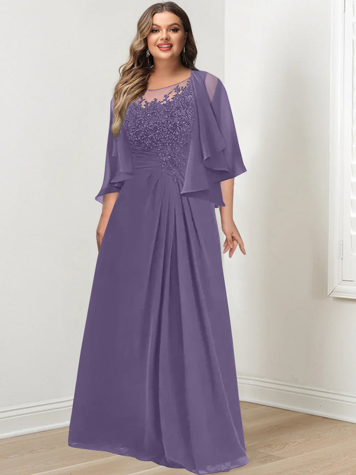 A-Line/Princess Scoop Floor-Length Plus Size Mother of the Bride Dresses with Pleated & Sequins