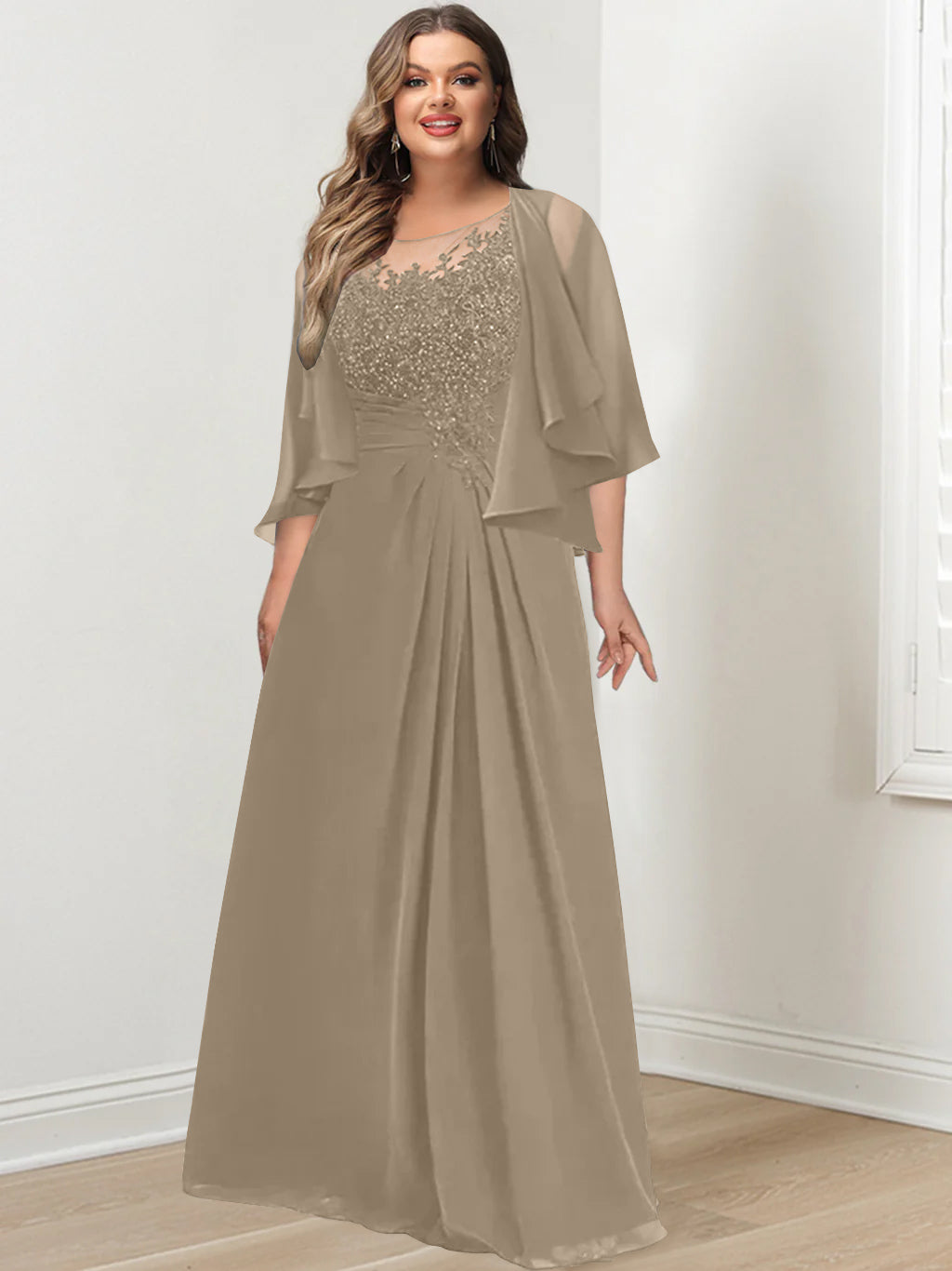 A-Line/Princess Scoop Floor-Length Plus Size Mother of the Bride Dresses with Pleated & Sequins
