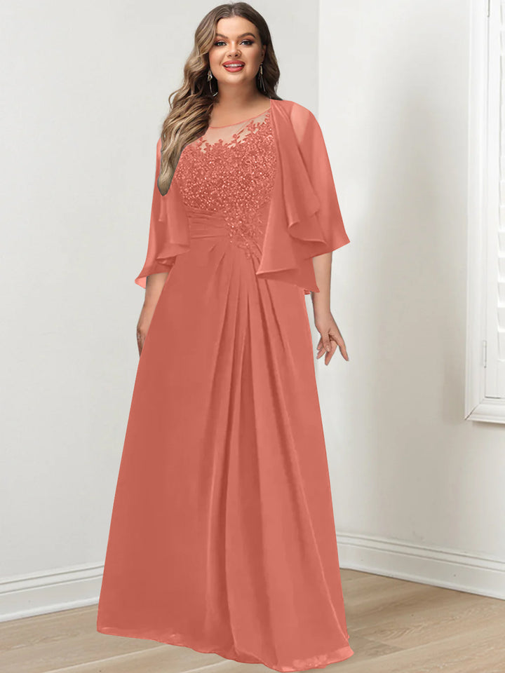 A-Line/Princess Scoop Floor-Length Plus Size Mother of the Bride Dresses with Pleated & Sequins