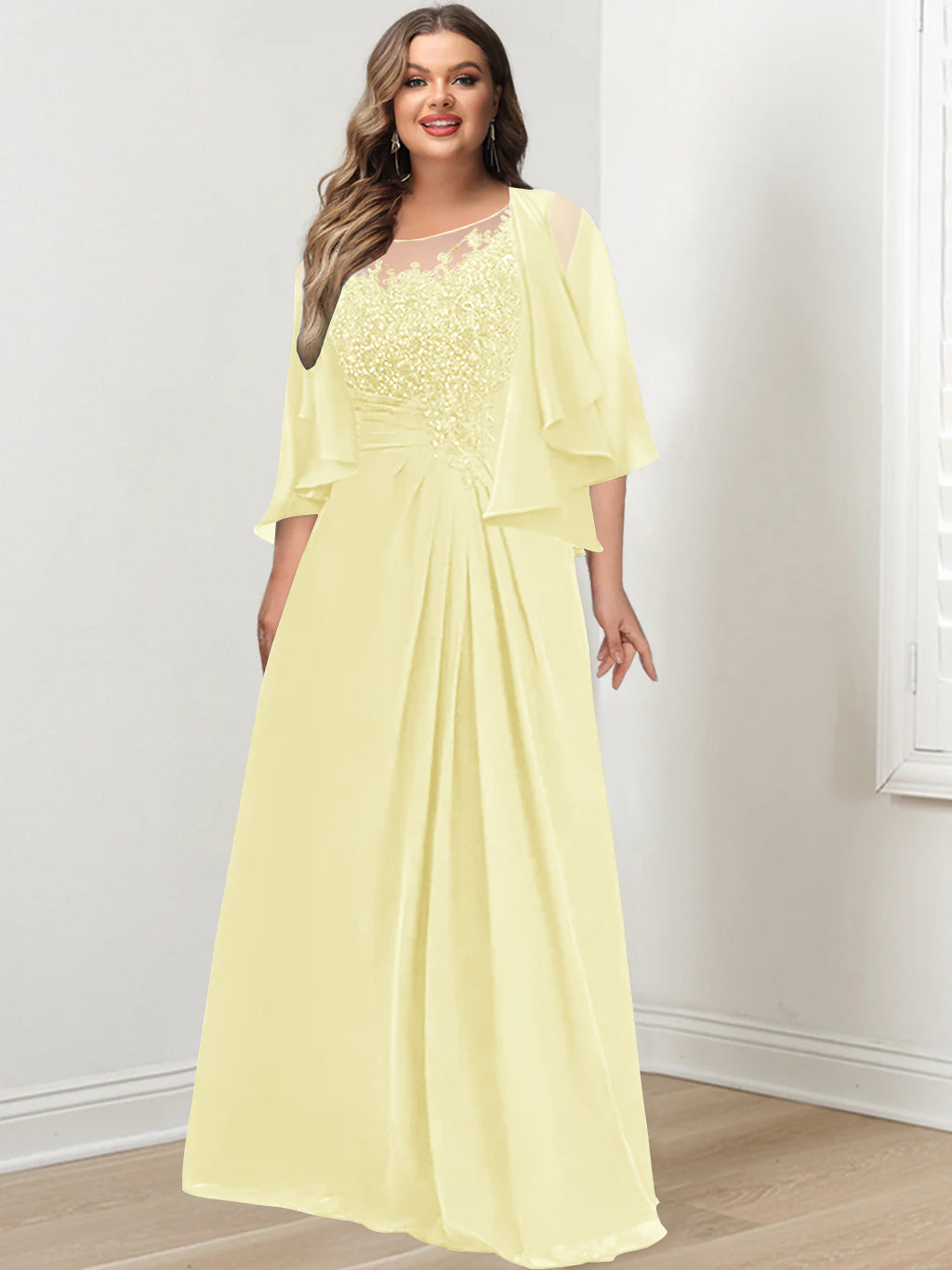 A-Line/Princess Scoop Floor-Length Plus Size Mother of the Bride Dresses with Pleated & Sequins