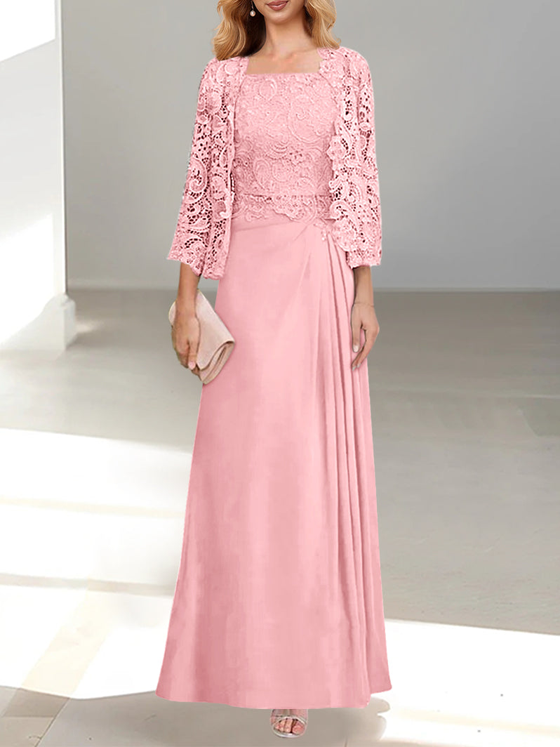 2 Pieces A-Line/Princess Scoop Floor-Length Mother of the Bride Dresses with Pleated & Lace Appliques