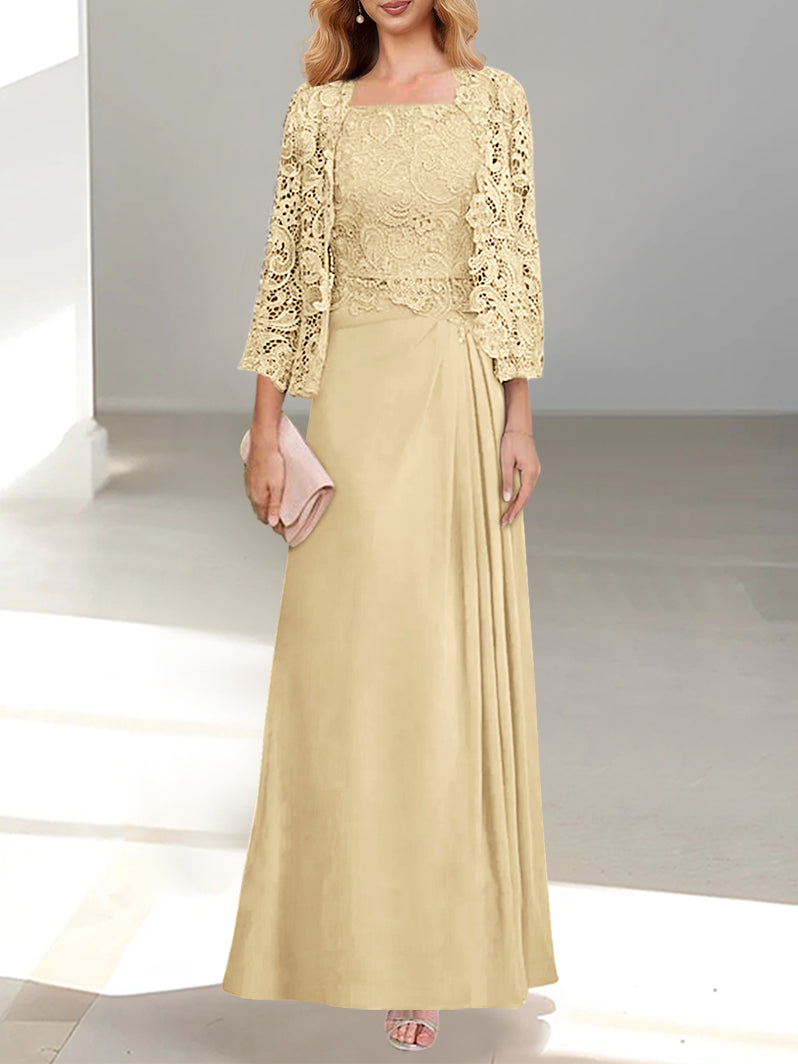 2 Pieces A-Line/Princess Scoop Floor-Length Mother of the Bride Dresses with Pleated & Lace Appliques
