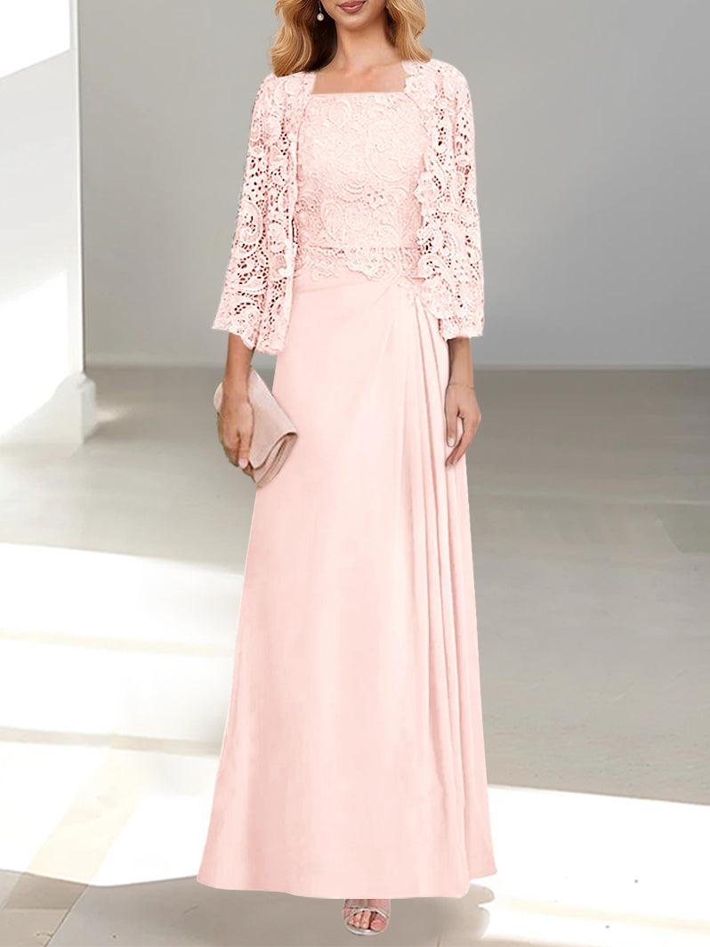 2 Pieces A-Line/Princess Scoop Floor-Length Mother of the Bride Dresses with Pleated & Lace Appliques