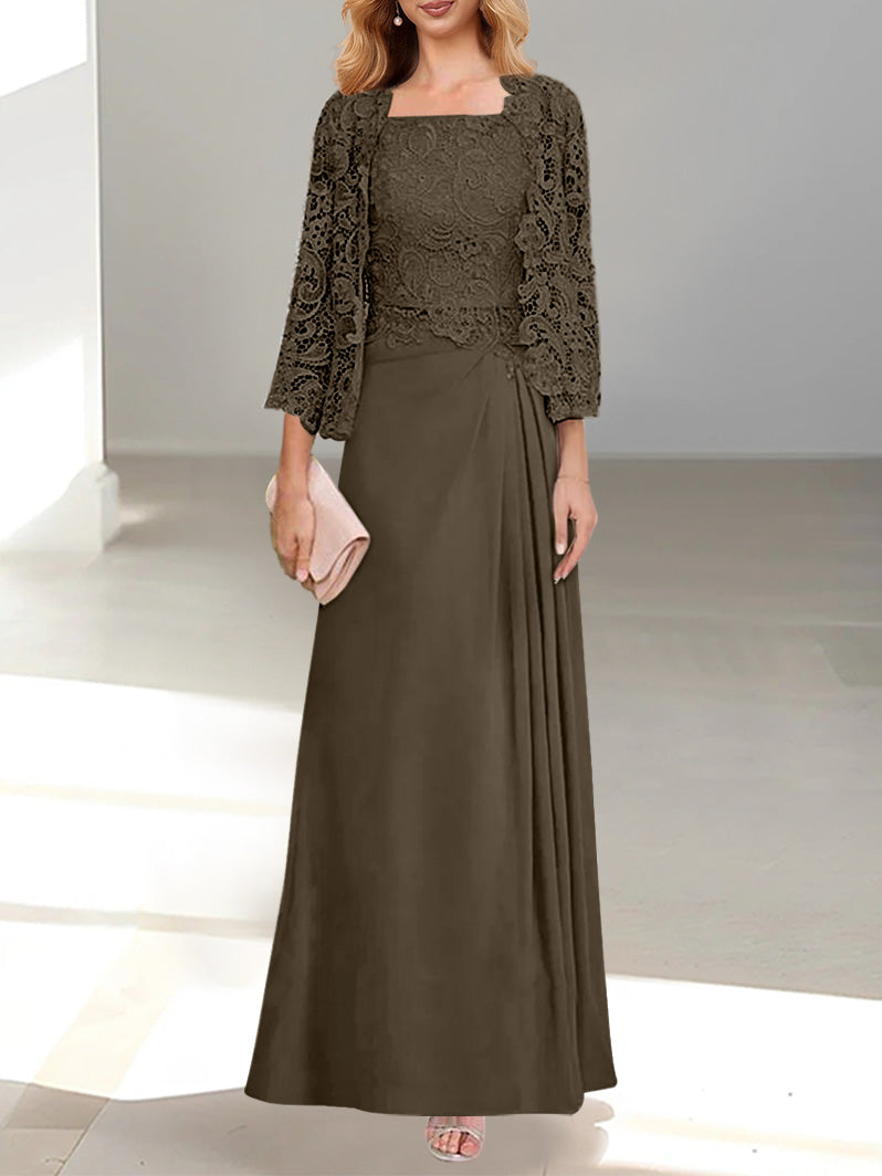 2 Pieces A-Line/Princess Scoop Floor-Length Mother of the Bride Dresses with Pleated & Lace Appliques