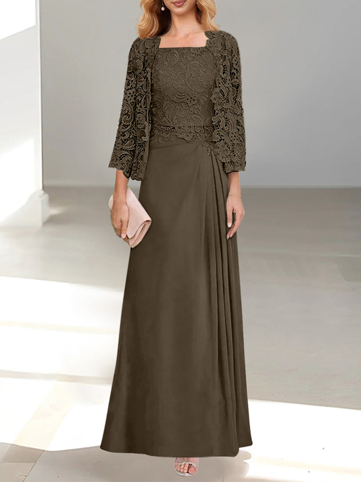 2 Pieces A-Line/Princess Scoop Floor-Length Mother of the Bride Dresses with Pleated & Lace Appliques