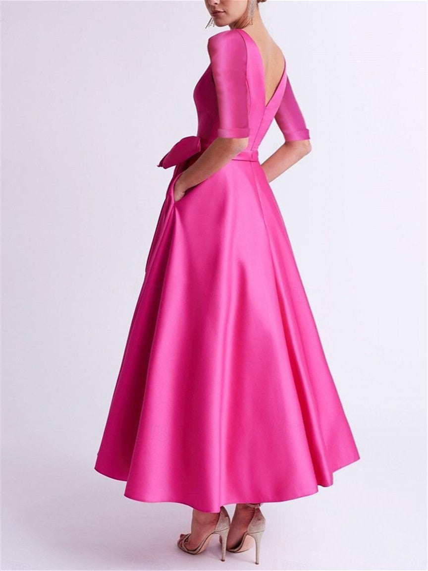 A-Line/Princess V Neck 3/4 Length Sleeve Tea Length Satin Mother of the Bride Dresses with Bow(s)