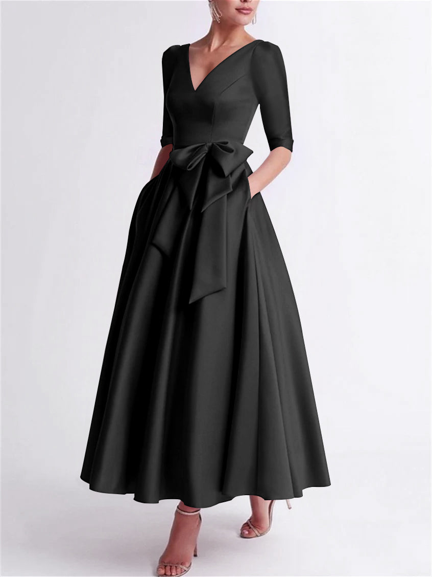 A-Line/Princess V Neck 3/4 Length Sleeve Tea Length Satin Mother of the Bride Dresses with Bow(s)
