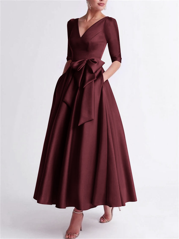 A-Line/Princess V Neck 3/4 Length Sleeve Tea Length Satin Mother of the Bride Dresses with Bow(s)