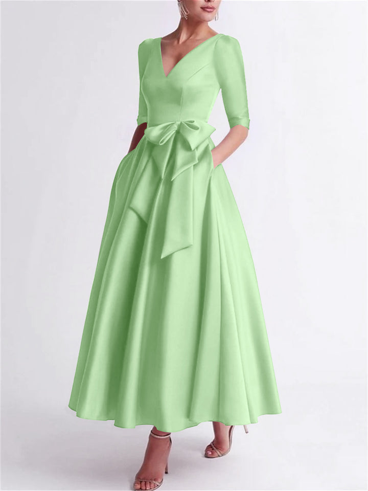 A-Line/Princess V Neck 3/4 Length Sleeve Tea Length Satin Mother of the Bride Dresses with Bow(s)