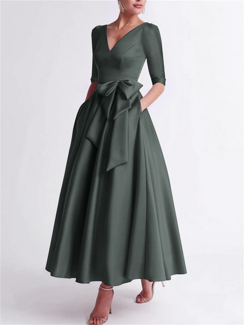 A-Line/Princess V Neck 3/4 Length Sleeve Tea Length Satin Mother of the Bride Dresses with Bow(s)