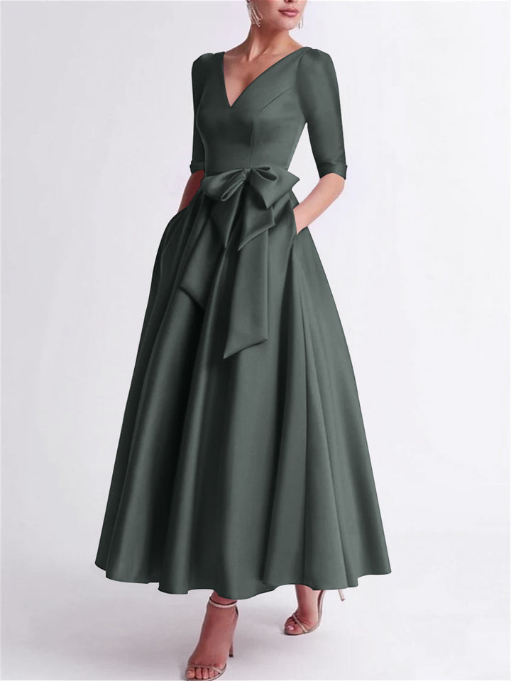 A-Line/Princess V Neck 3/4 Length Sleeve Tea Length Satin Mother of the Bride Dresses with Bow(s)