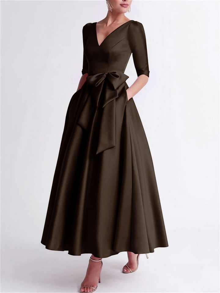A-Line/Princess V Neck 3/4 Length Sleeve Tea Length Satin Mother of the Bride Dresses with Bow(s)
