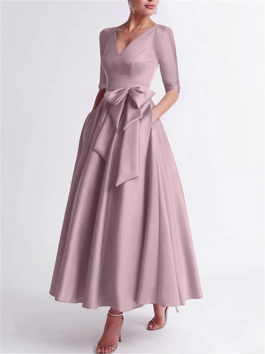 A-Line/Princess V Neck 3/4 Length Sleeve Tea Length Satin Mother of the Bride Dresses with Bow(s) Dusty Rose