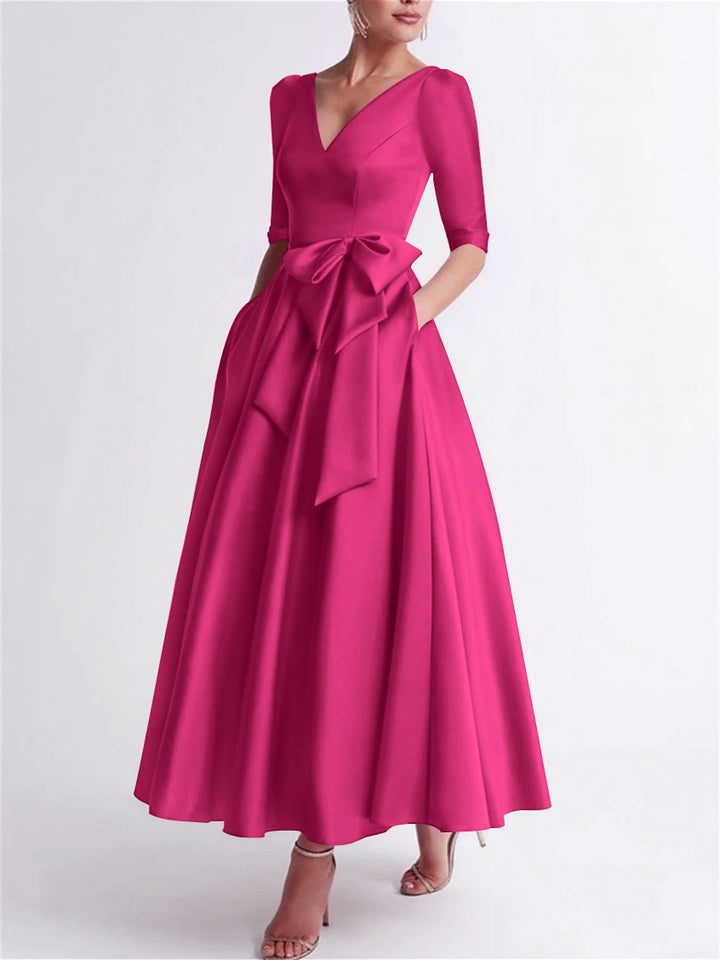 A-Line/Princess V Neck 3/4 Length Sleeve Tea Length Satin Mother of the Bride Dresses with Bow(s)