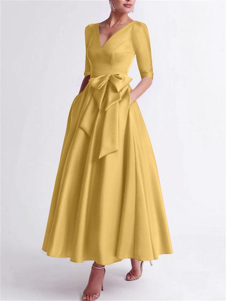 A-Line/Princess V Neck 3/4 Length Sleeve Tea Length Satin Mother of the Bride Dresses with Bow(s)