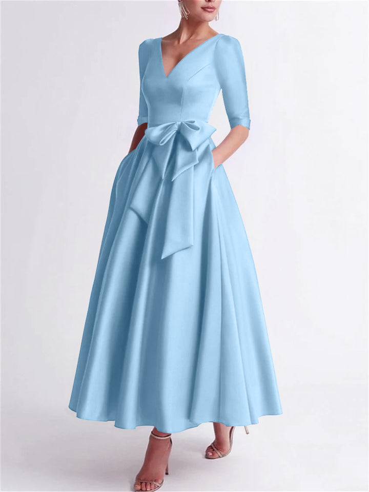 A-Line/Princess V Neck 3/4 Length Sleeve Tea Length Satin Mother of the Bride Dresses with Bow(s)
