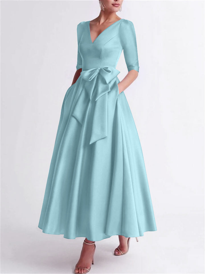 A-Line/Princess V Neck 3/4 Length Sleeve Tea Length Satin Mother of the Bride Dresses with Bow(s)