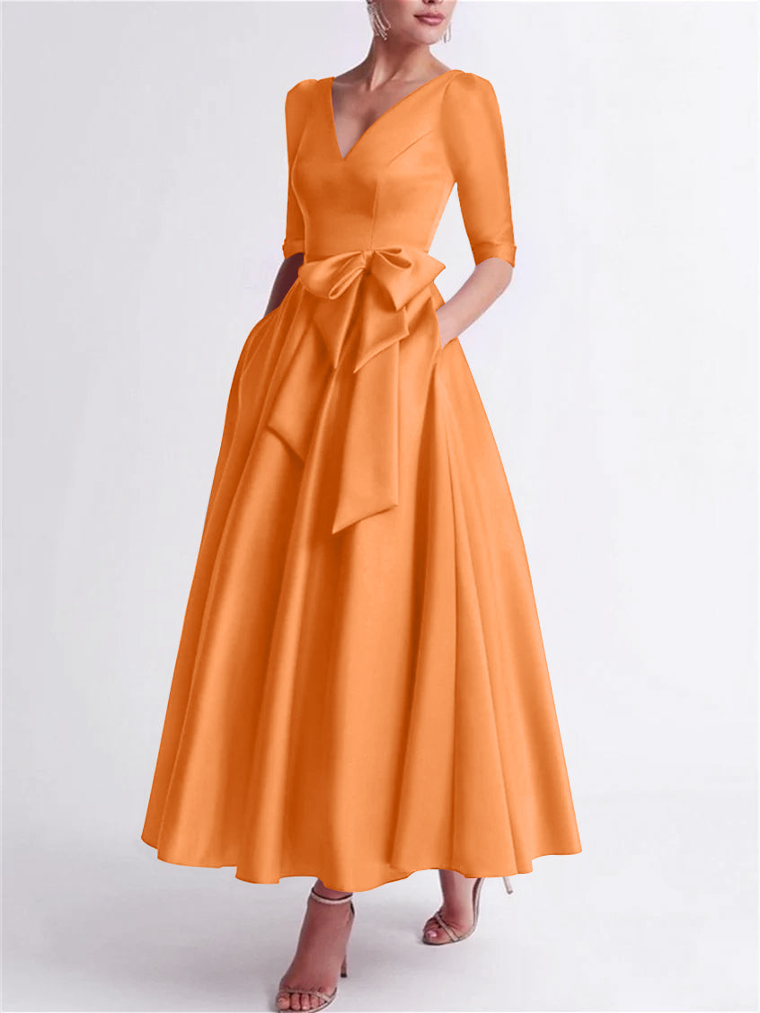 A-Line/Princess V Neck 3/4 Length Sleeve Tea Length Satin Mother of the Bride Dresses with Bow(s)