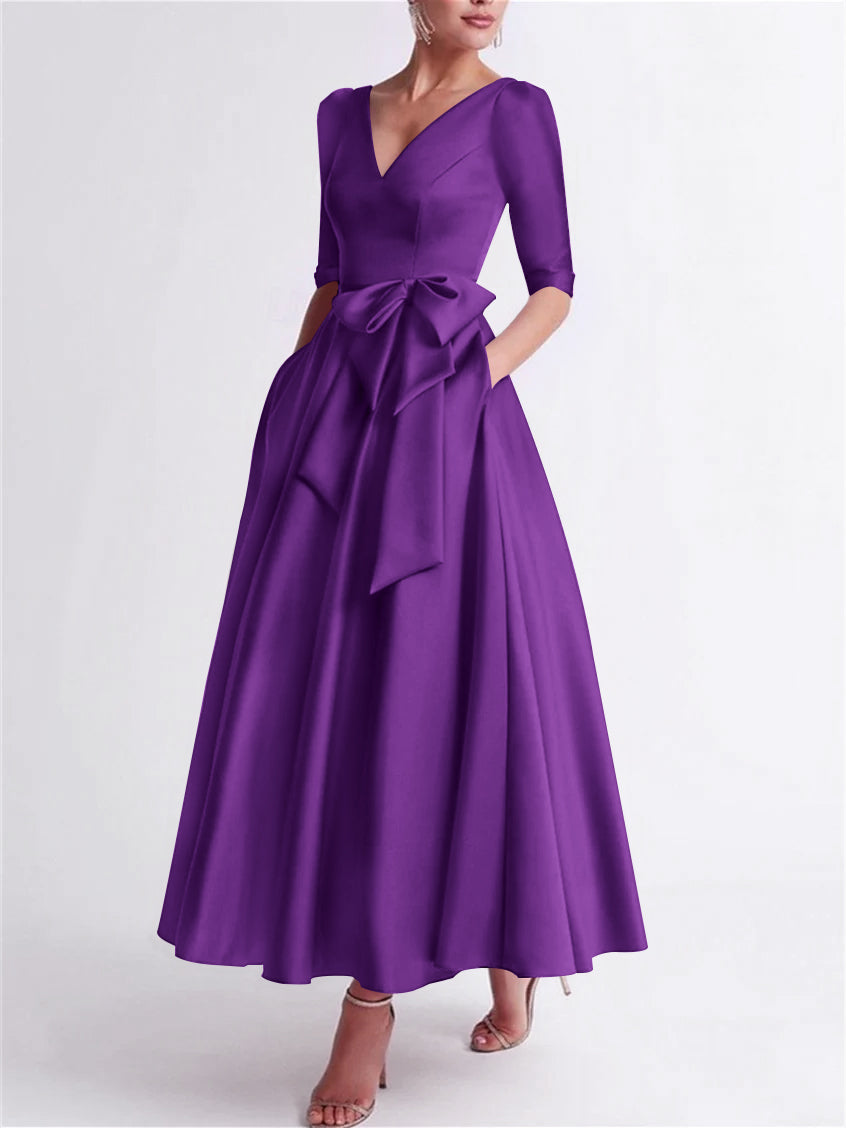 A-Line/Princess V Neck 3/4 Length Sleeve Tea Length Satin Mother of the Bride Dresses with Bow(s)