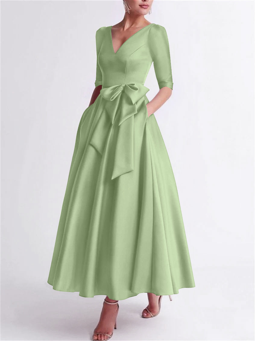 2026 Satin Mother of the Bride Dresses A-Line/Princess V Neck 3/4 Sleeve Tea-Length Wedding Party Formal Evening Gowns with Bow(s), Hot Pink 2026 Satin Mother of the Bride Dresses A-Line/Princess V Neck 3/4 Sleeve Tea-Length Wedding Party Formal Evening Gowns with Bow(s), Hot Pink