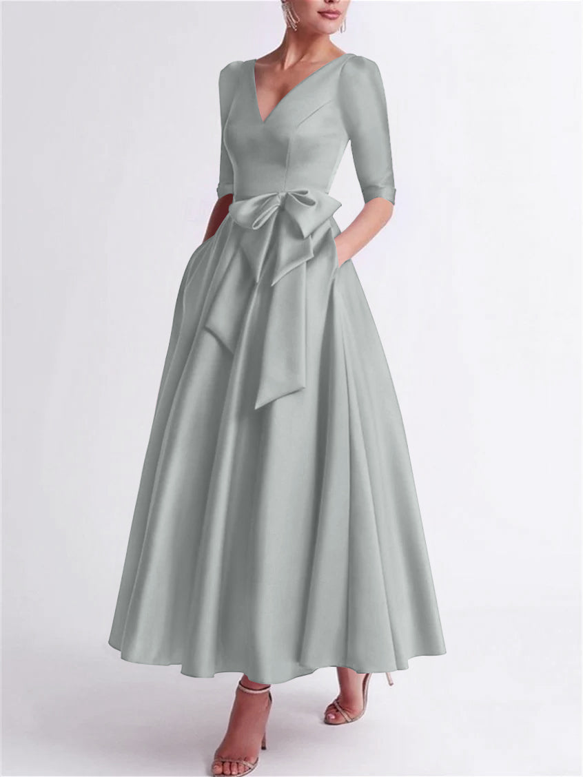 grey tea length mother of the bride dresses Long Sleeve Lace Silver Tea Length Mother of the Bride Dress US2 / Silver