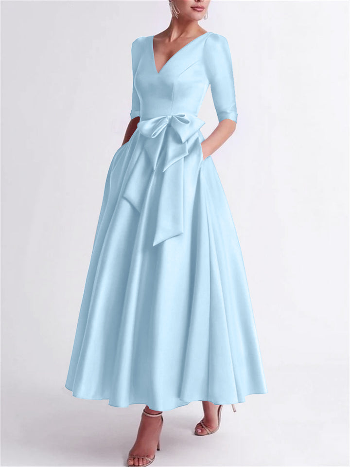 A-Line/Princess V Neck 3/4 Length Sleeve Tea Length Satin Mother of the Bride Dresses with Bow(s)