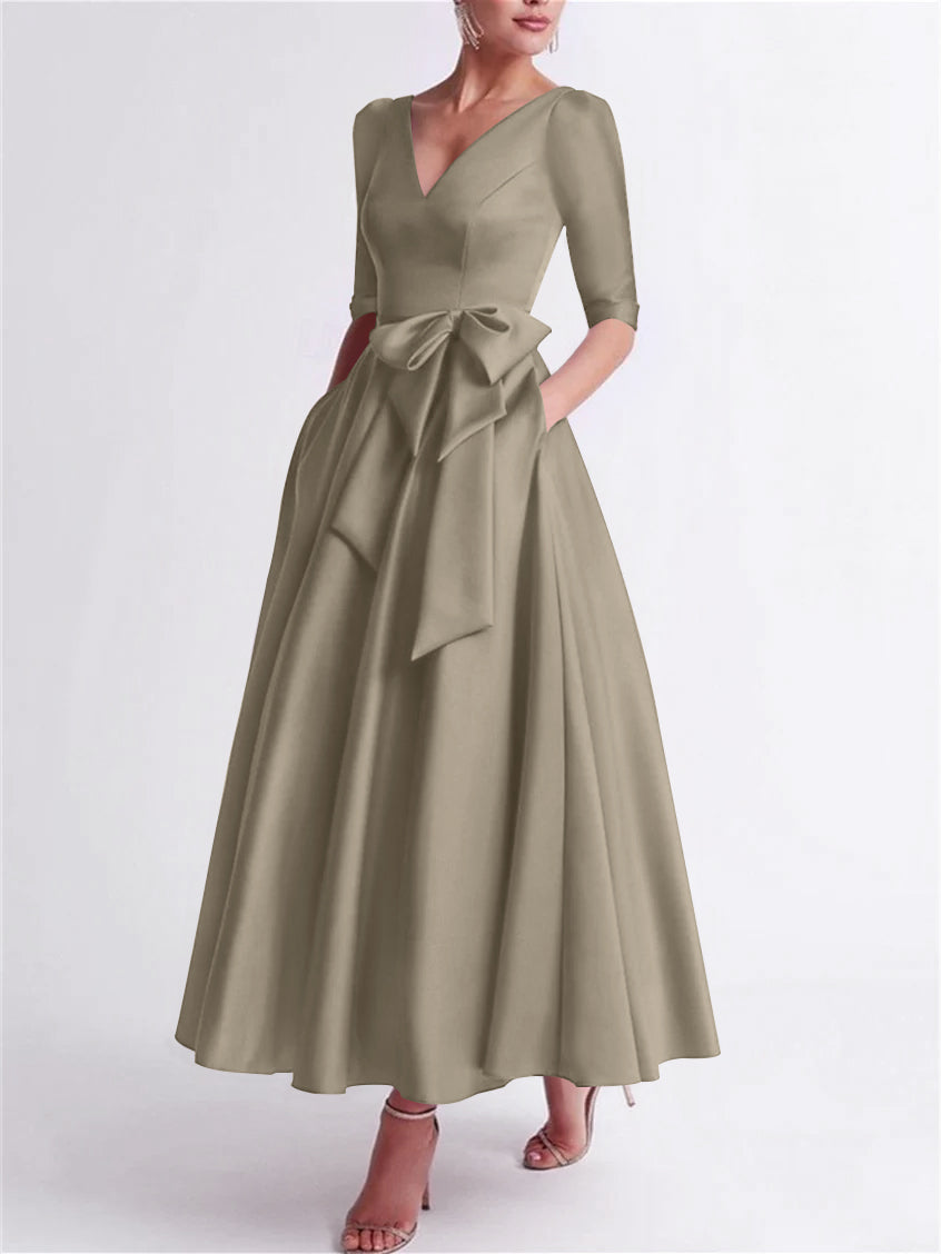 A-Line/Princess V Neck 3/4 Length Sleeve Tea Length Satin Mother of th - Mondressy A-Line/Princess V Neck 3/4 Length Sleeve Tea Length Satin Mother of th - Mondressy