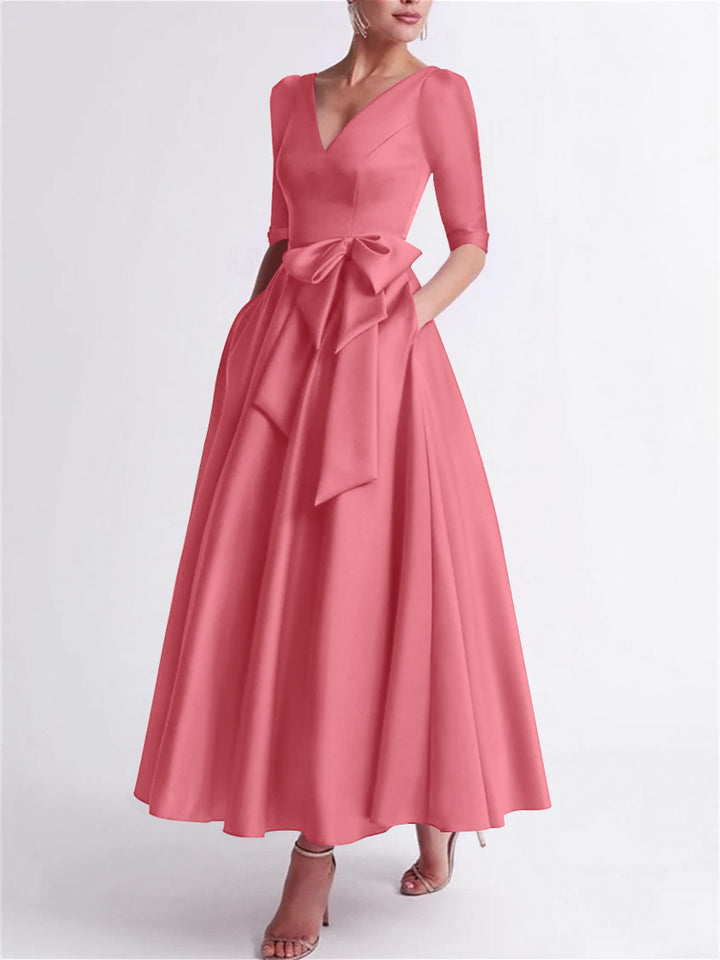 A-Line/Princess V Neck 3/4 Length Sleeve Tea Length Satin Mother of the Bride Dresses with Bow(s)