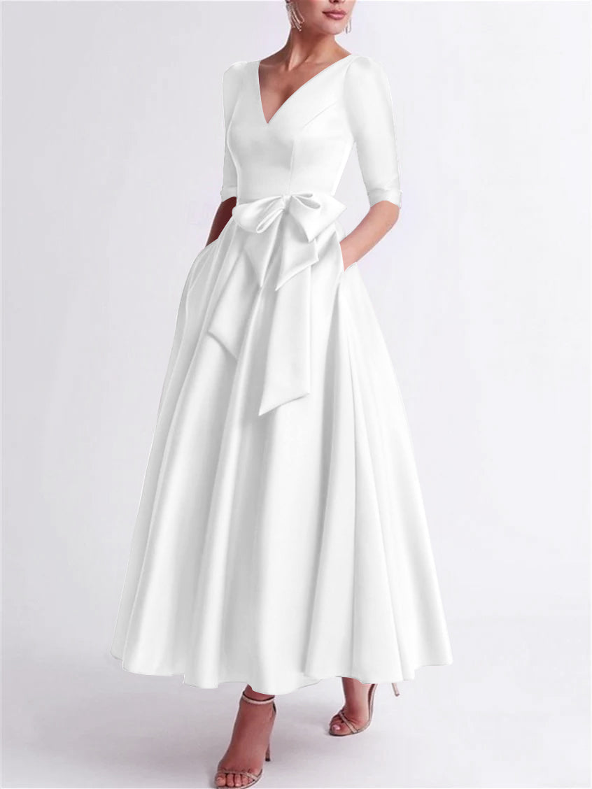 A-Line/Princess V Neck 3/4 Length Sleeve Tea Length Satin Mother of the Bride Dresses with Bow(s)