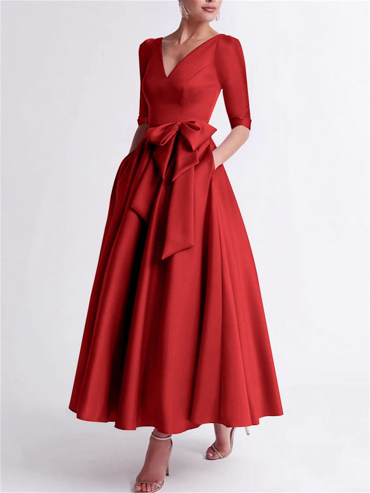 A-Line/Princess V Neck 3/4 Length Sleeve Tea Length Satin Mother of the Bride Dresses with Bow(s)