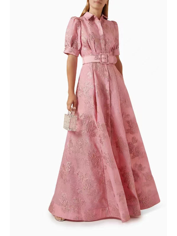 A-Line/Princess Stand Collar Short Sleeve Floor-Length Mother of the Bride Dresses with Belt