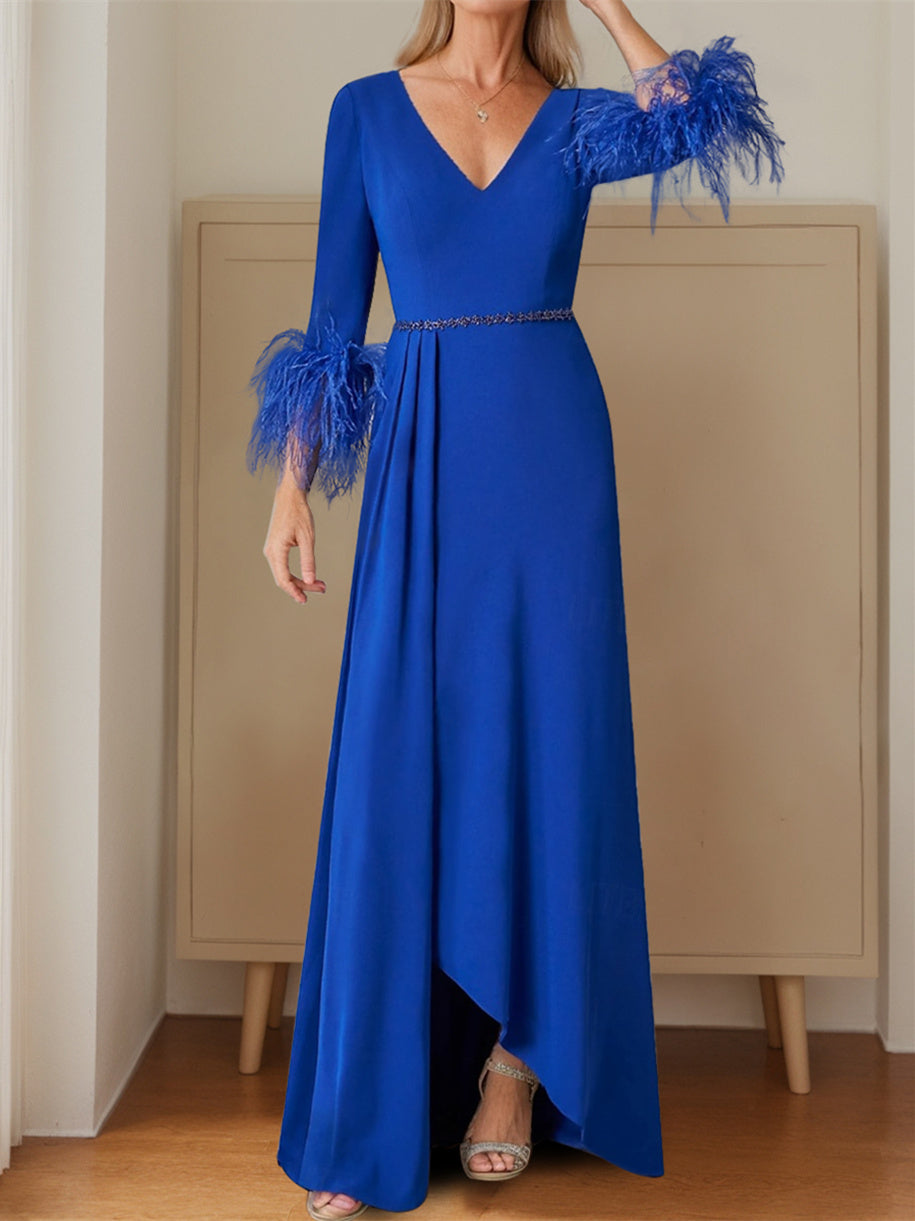 A-Line/Princess Plunging Neck 3/4 Length Sleeve Floor-Length Pleats Feather Mother Of The Bride Dresses