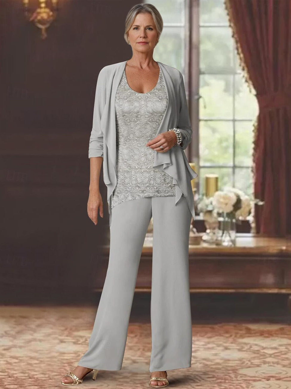 jumpsuits for women dresses 3 Pieces Mother Of The Bride Pant Suits Light Grey for Women Lace Scoop Neck Long Sleeve Ankle Length Wedding Guest Formal Evening Gowns, Light Grey