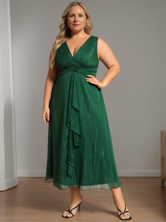 Sheath/Column V-Neck Short Sleeves Ankle-Length Plus Size Mother of the Bride Dresses with Sequins & Ruches main image 1