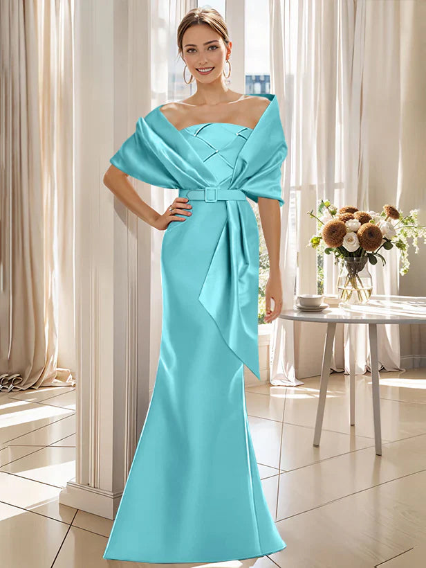 Trumpet 2 Pieces Floor-Length Mother of the Bride & Groom Dresses with Wrap Blue Trumpet 2 Pieces Floor-Length Mother of the Bride & Groom Dresses with Wrap Blue
